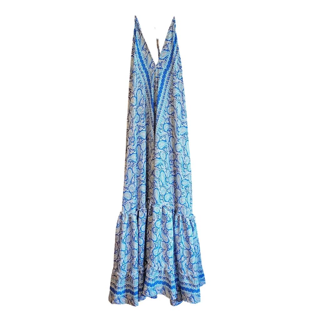 Zury Boho Kaftan Maxi Dress Silk Blend Halter Tiered Paisley Festival Free Size